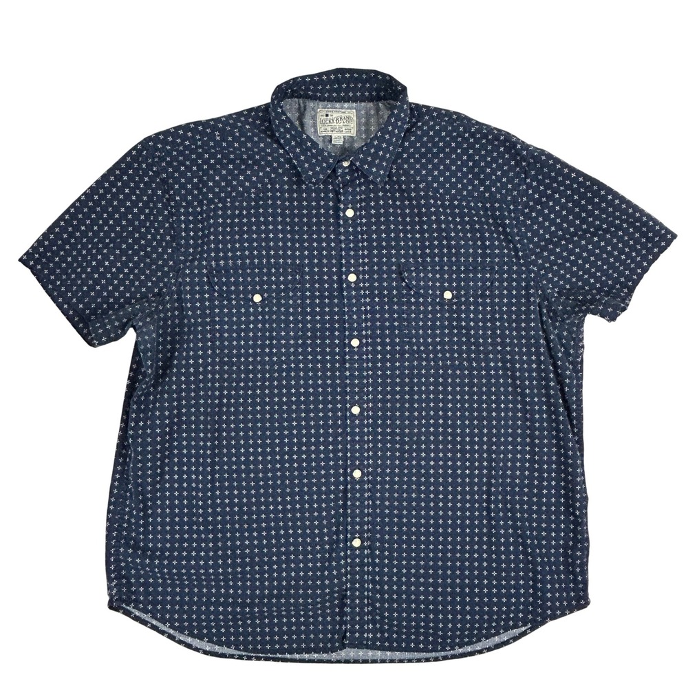 Lucky Brand Western Pearl Snap Shirt Navy Cross Print Stretch Short Sleeve XL